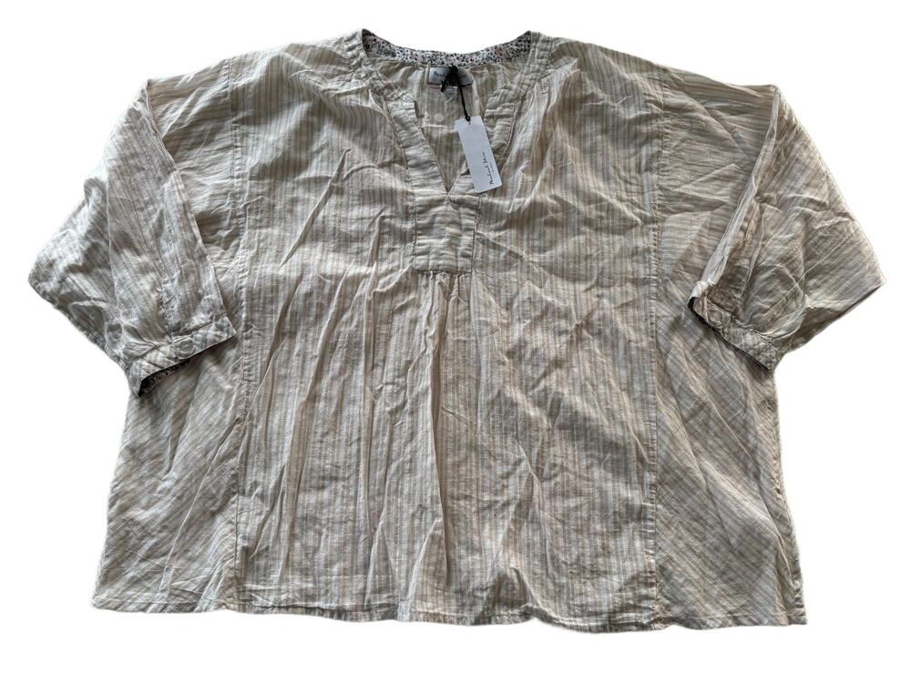 Michael Stars Charlie Popover Top 2X Sand Stripe Cotton Split Neck Blouse NWT